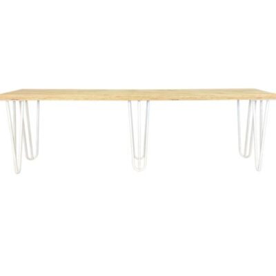 Timber bench seat with white metal hairpin legs