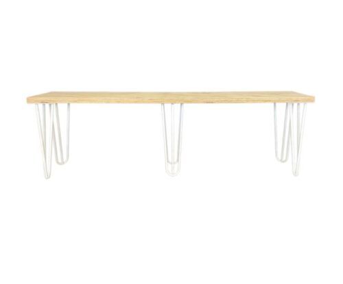 Timber bench seat with white metal hairpin legs